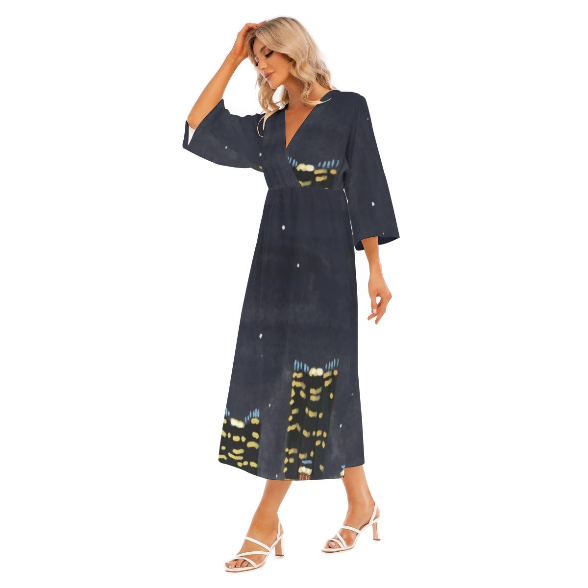 All-Over Print Women's Mid-Sleeve Long Dress