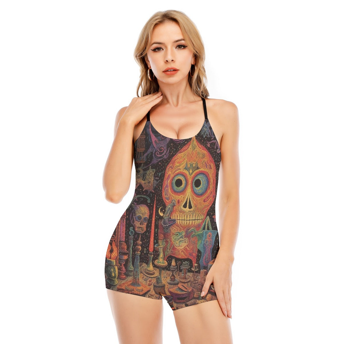 All-Over Print Women's Backless Romper With Black Straps