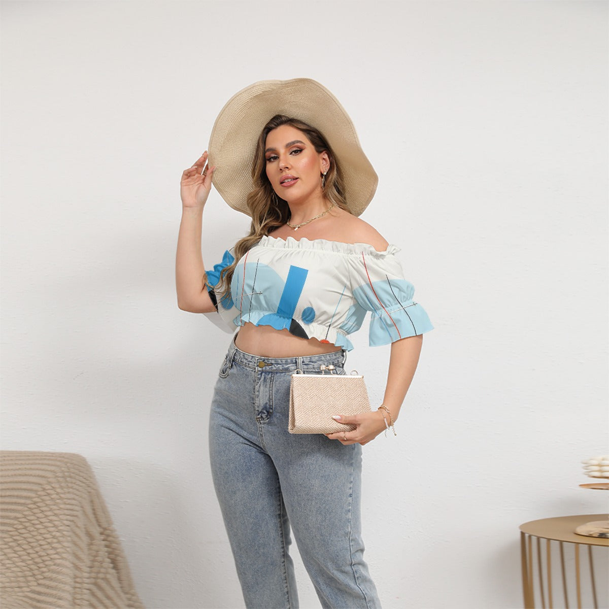 All-Over Print Women's Off-shoulder Cropped Top With Short Puff Sleeve