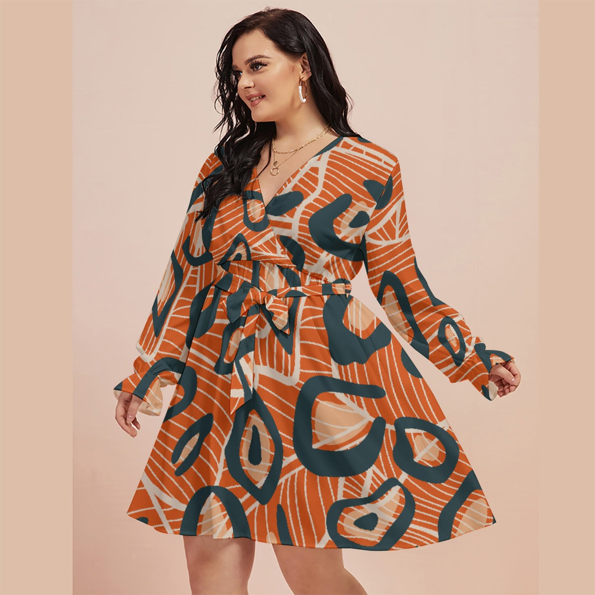 All-Over Print Women's V-neck Dress With Waistband(Plus Size)