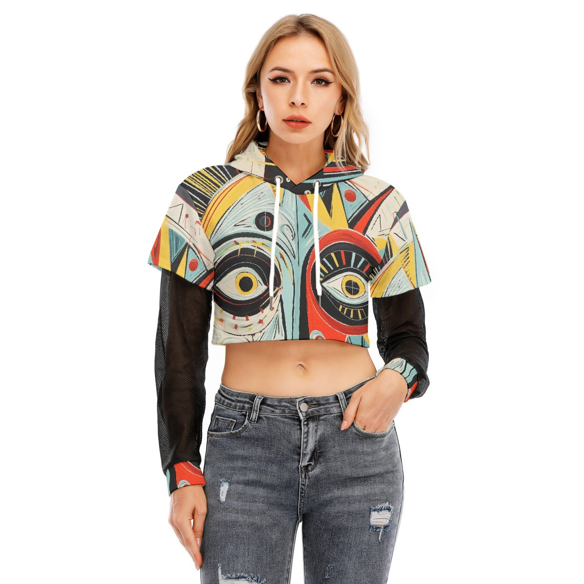 All-Over Print Women's Fake Two-piece Mesh Sleeve Cropped Hoodie