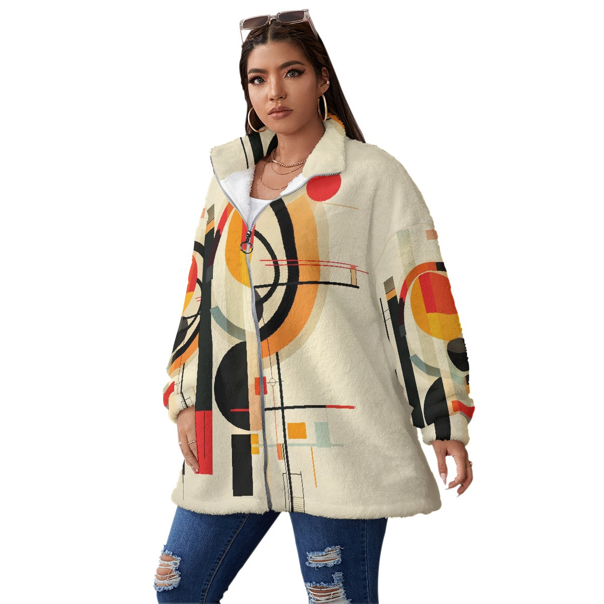 All-Over Print Unisex Borg Fleece Stand-up Collar Coat With Zipper Closure(Plus Size)