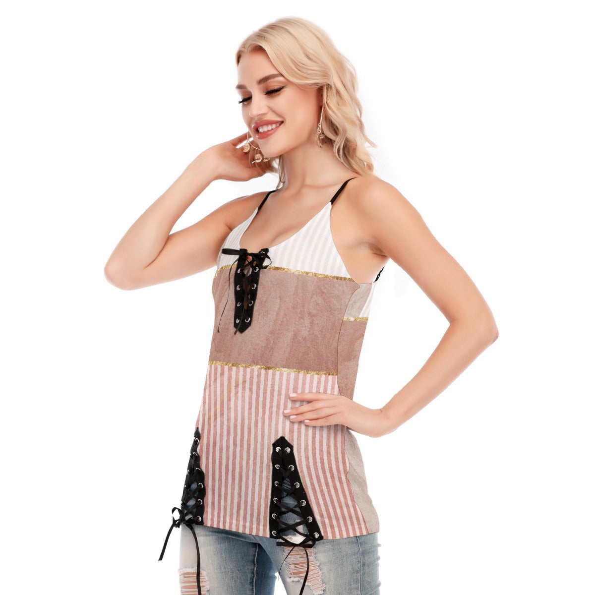 All-Over Print Women's V-neck Eyelet Lace-up Cami Dress