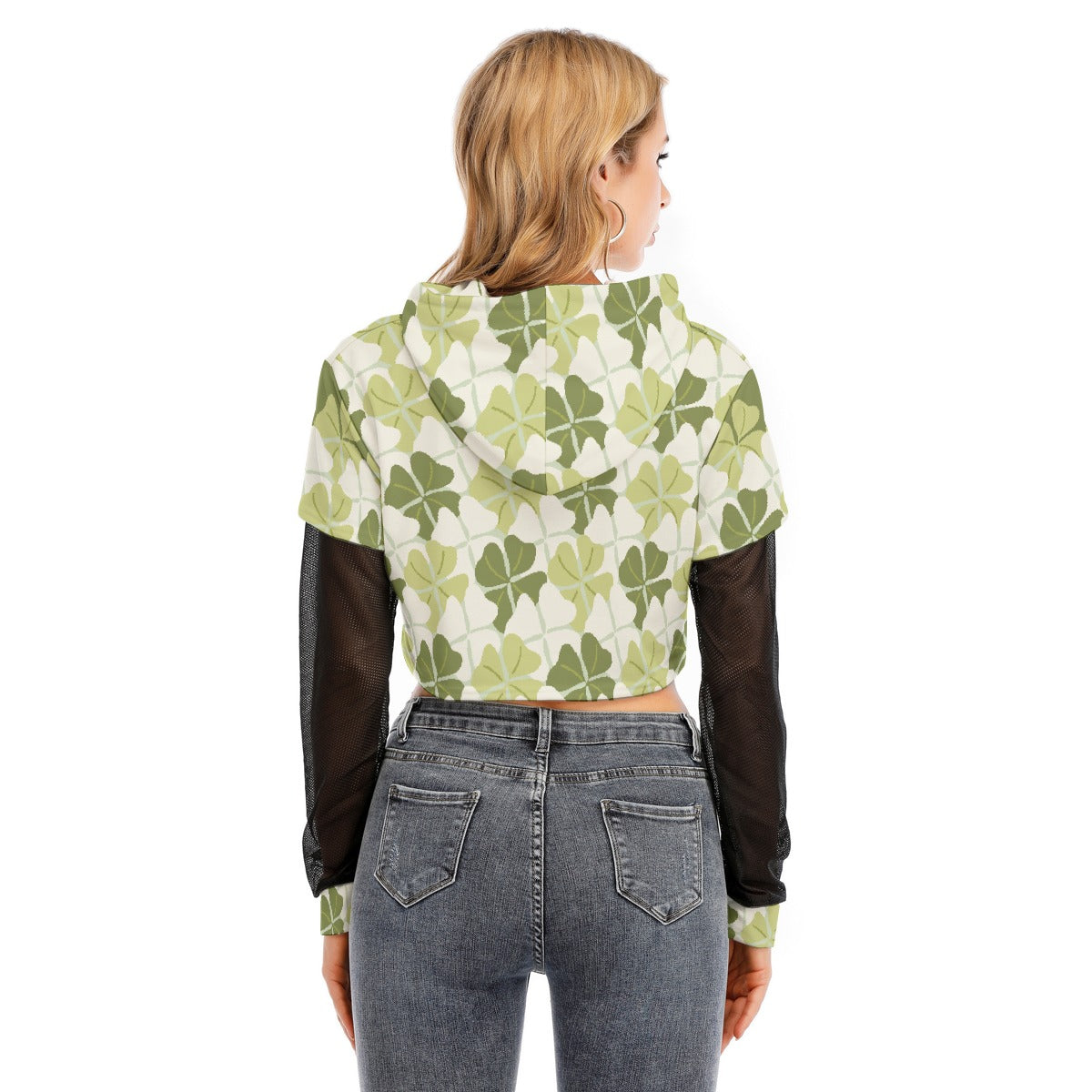 All-Over Print Women's Fake Two-piece Mesh Sleeve Cropped Hoodie