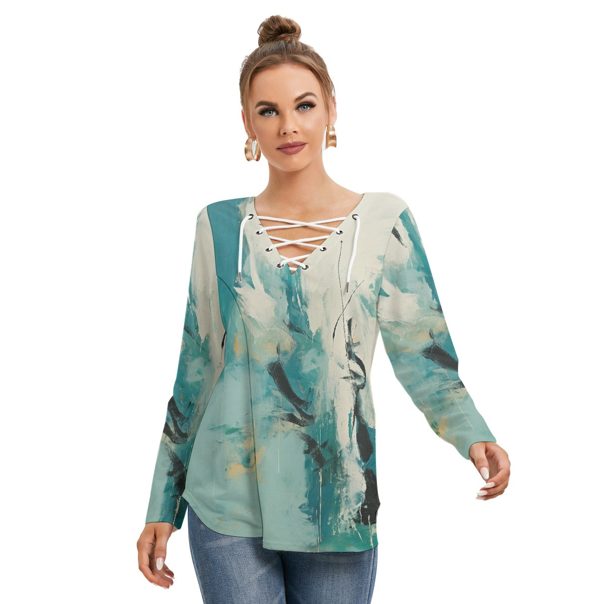 All-Over Print Women's Long Sleeve Neckline Tie Sweatshirt