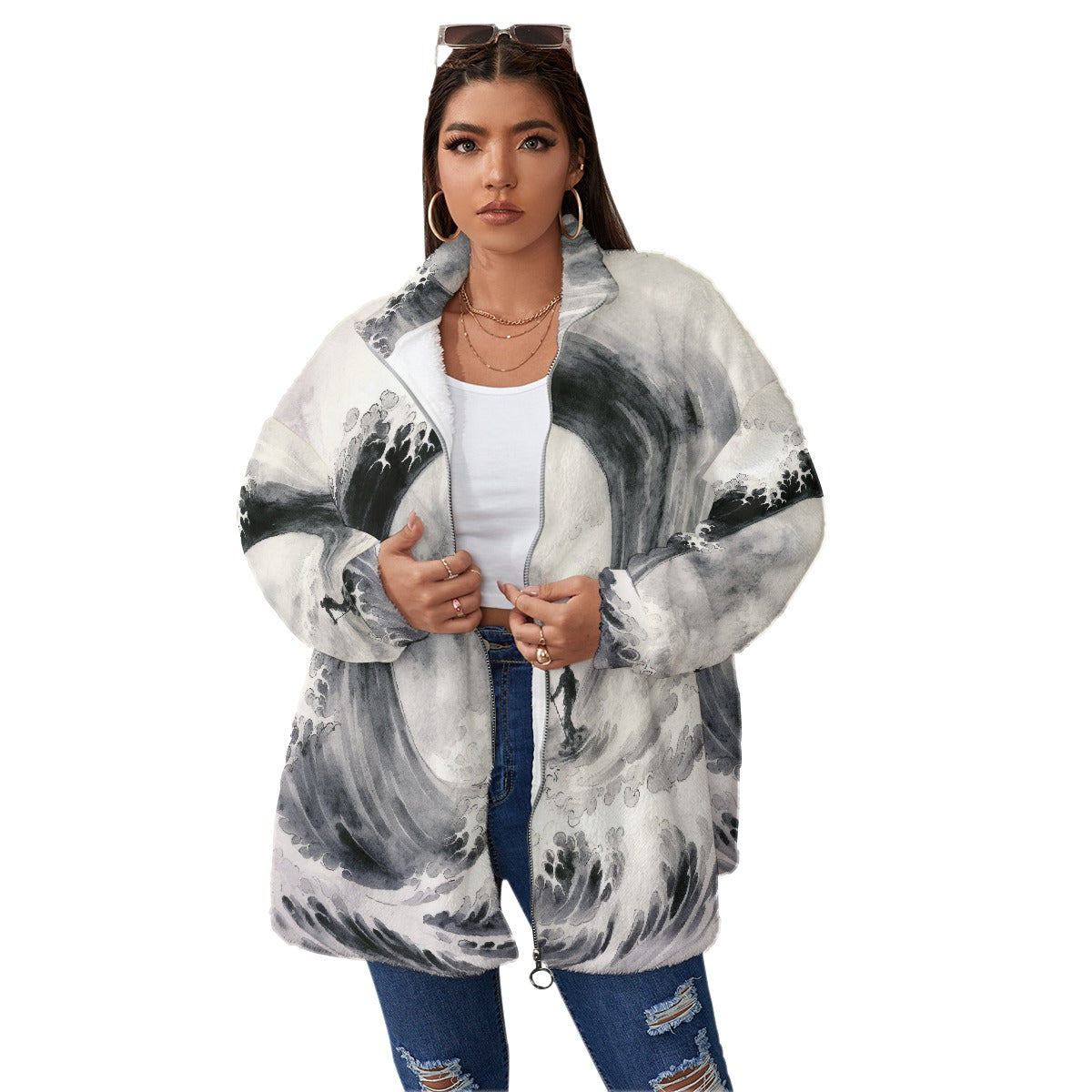 All-Over Print Unisex Borg Fleece Stand-up Collar Coat With Zipper Closure(Plus Size)