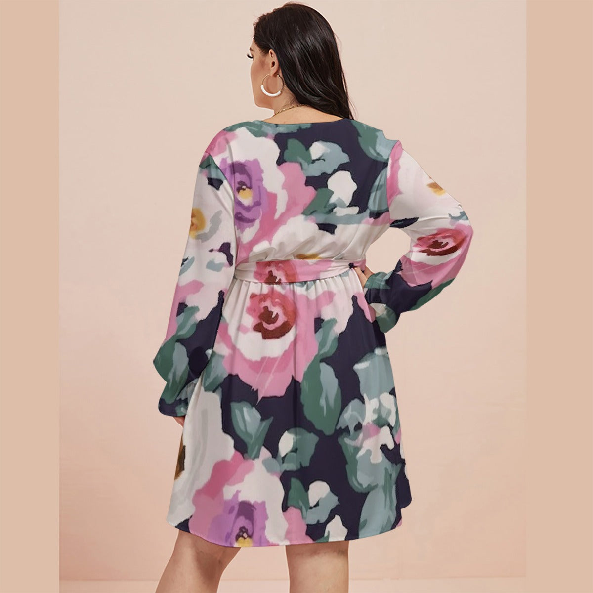 All-Over Print Women's V-neck Dress With Waistband(Plus Size)