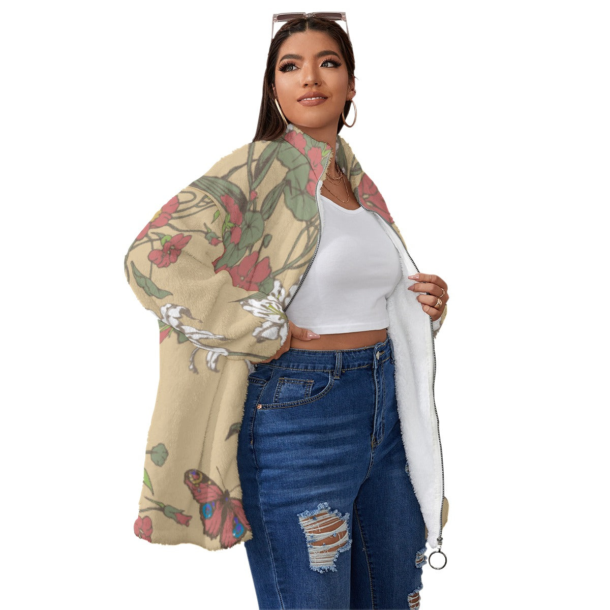 All-Over Print Unisex Borg Fleece Stand-up Collar Coat With Zipper Closure(Plus Size)