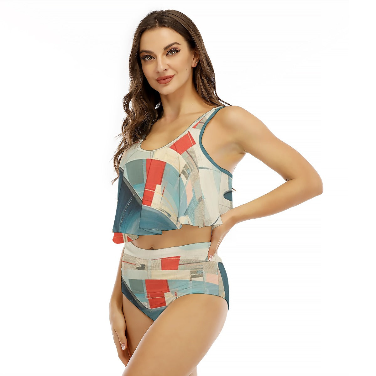 All-Over Print Women's Ruffled Vest Bikini Swimsuit