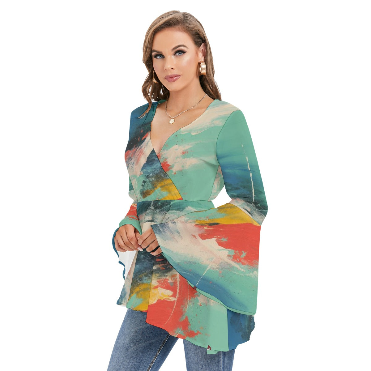 All-Over Print Women's V-neck Blouse With Flared Sleeves