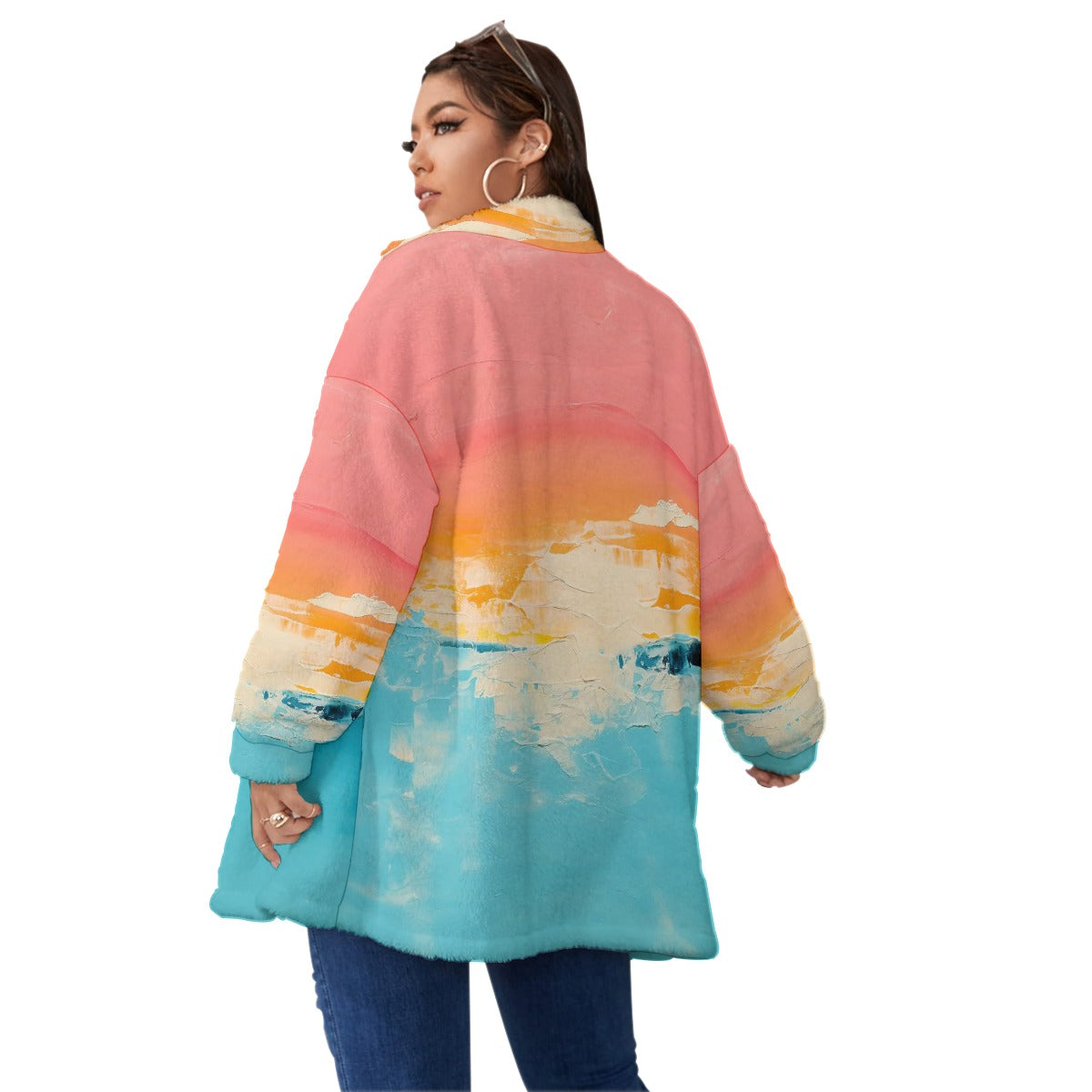 All-Over Print Unisex Borg Fleece Stand-up Collar Coat With Zipper Closure(Plus Size)