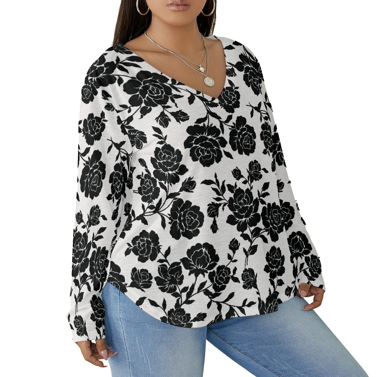 All-Over Print Women's V-neck T-shirt With Curved Hem(Plus Size)