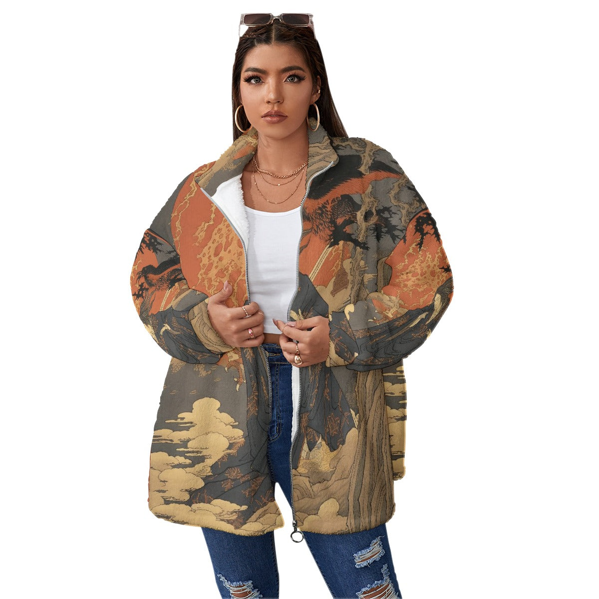 All-Over Print Unisex Borg Fleece Stand-up Collar Coat With Zipper Closure(Plus Size)