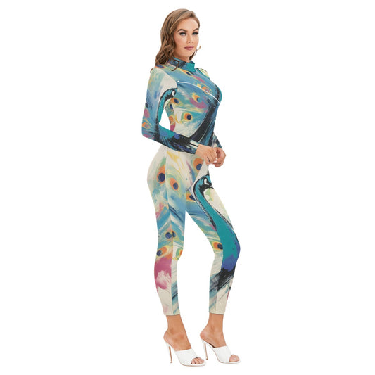 All-Over Print Women's Long-sleeved High-neck Jumpsuit With Zipper