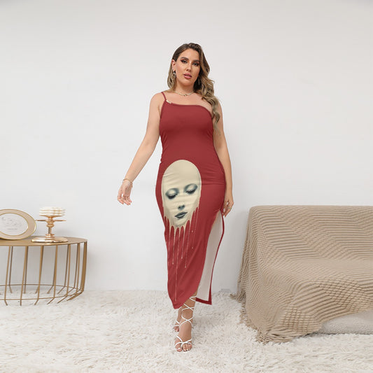 All-Over Print Women's Oblique-Shoulder Exposure Dress With Side Split (Plus Size)