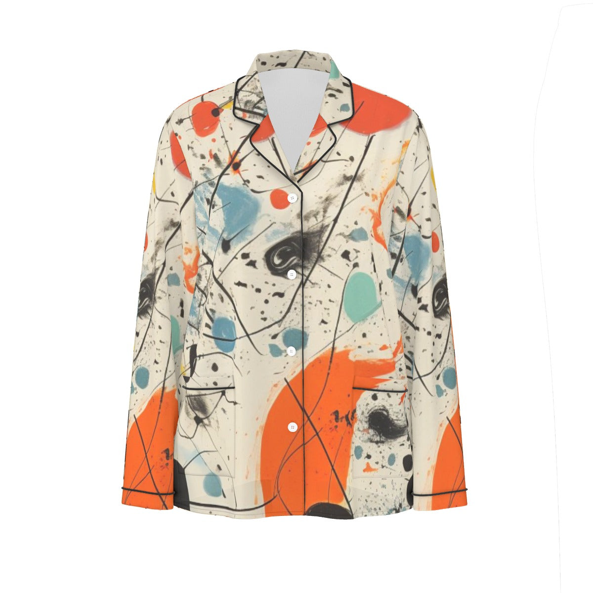 All-Over Print Women's Long Sleeve Pajama Set With Black Contrast Piping