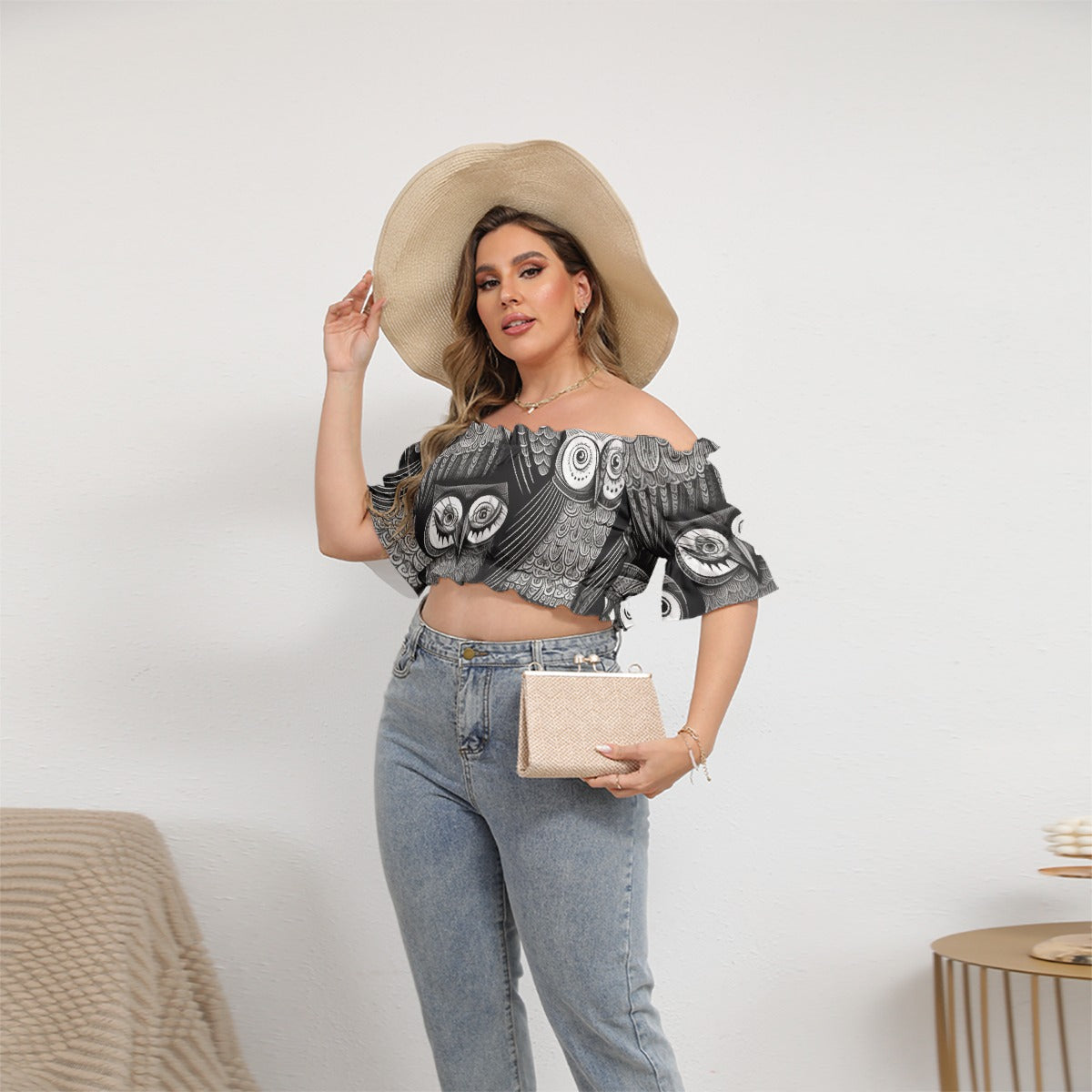 All-Over Print Women's Off-shoulder Cropped Top With Short Puff Sleeve
