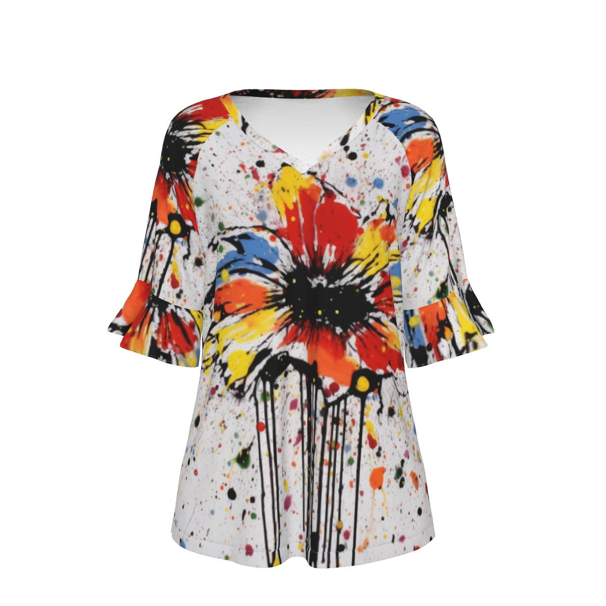 All-Over Print V-neck Women's T-shirt With Bell Sleeve