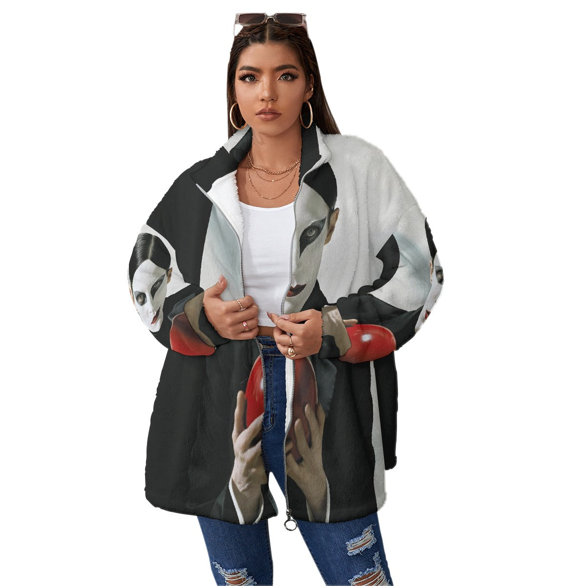 All-Over Print Unisex Borg Fleece Stand-up Collar Coat With Zipper Closure(Plus Size)