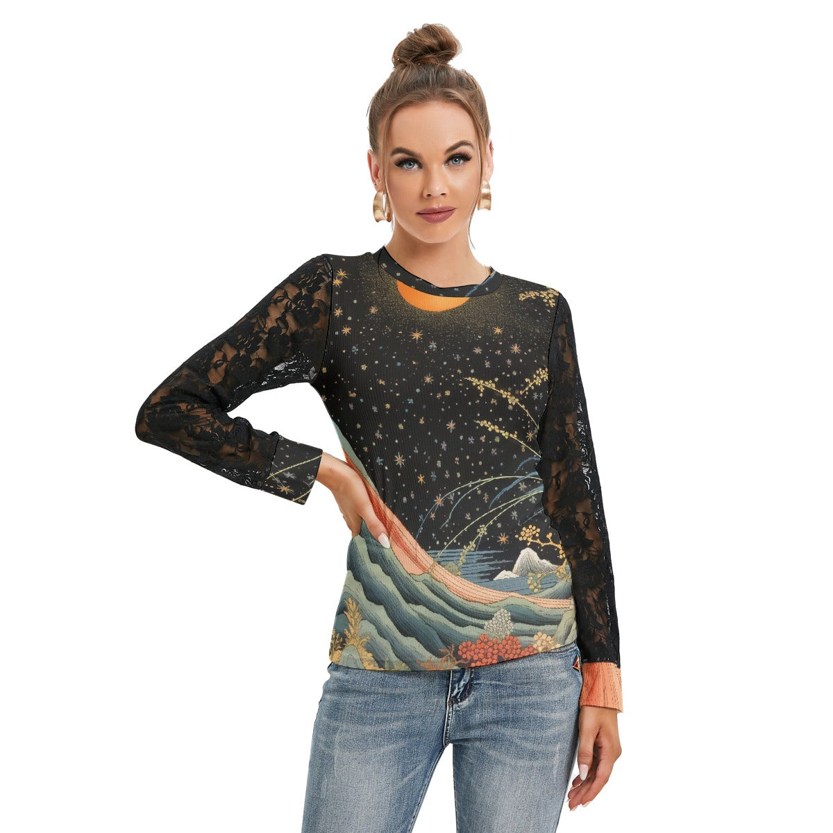 All-Over Print Women's T-shirt And Sleeve With Black Lace