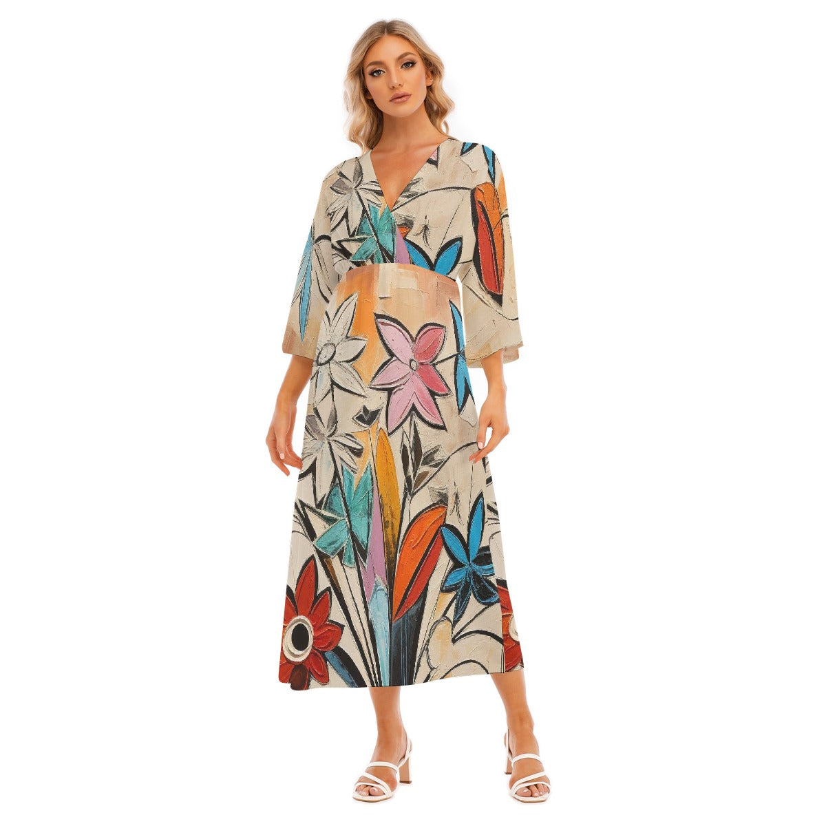 All-Over Print Women's Mid-Sleeve Long Dress