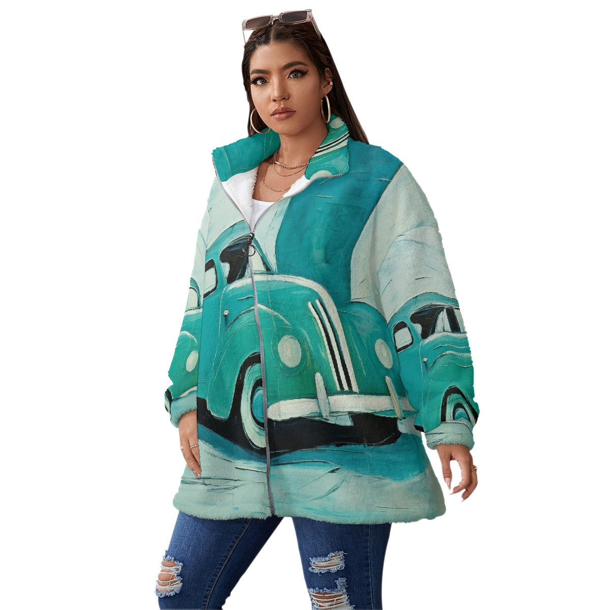 All-Over Print Unisex Borg Fleece Stand-up Collar Coat With Zipper Closure(Plus Size)