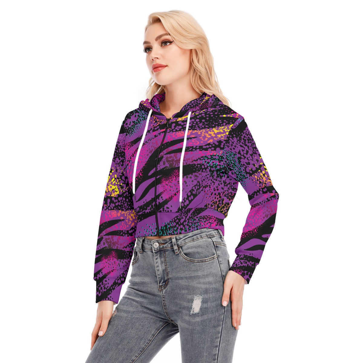All-Over Print Women's Crop Top Hoodie With Zipper Closure
