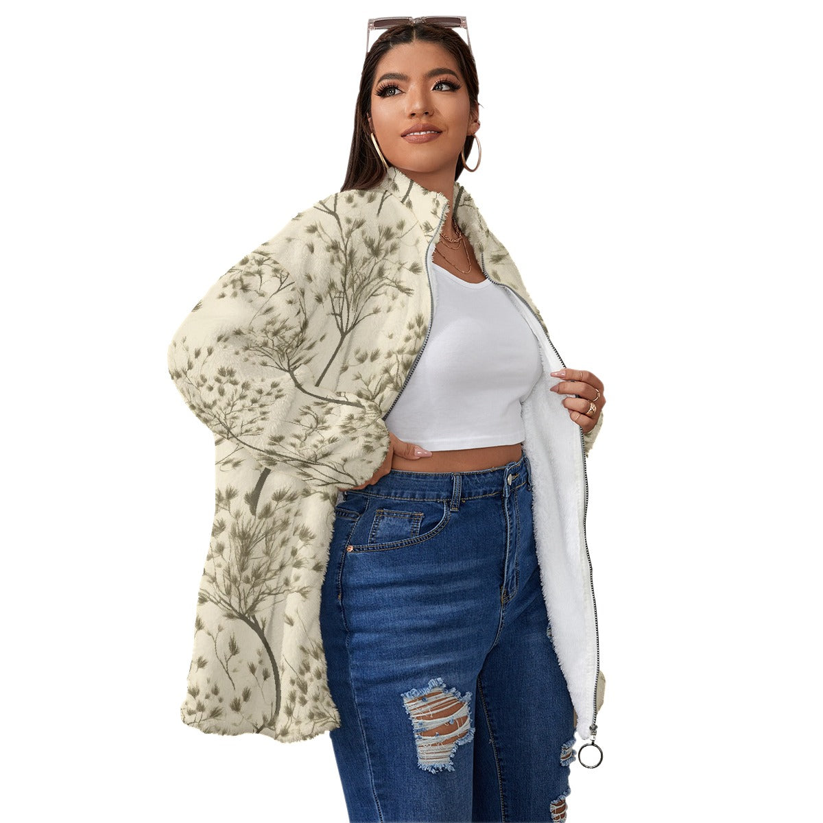 All-Over Print Unisex Borg Fleece Stand-up Collar Coat With Zipper Closure(Plus Size)