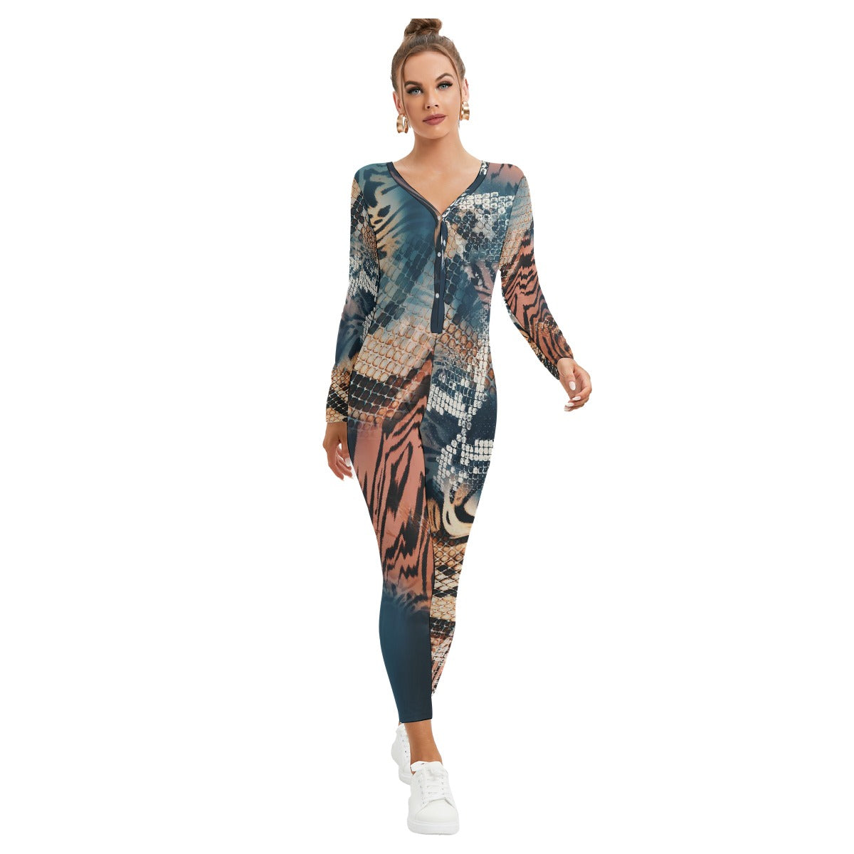 All-Over Print Women's Plunging Neck Jumpsuit