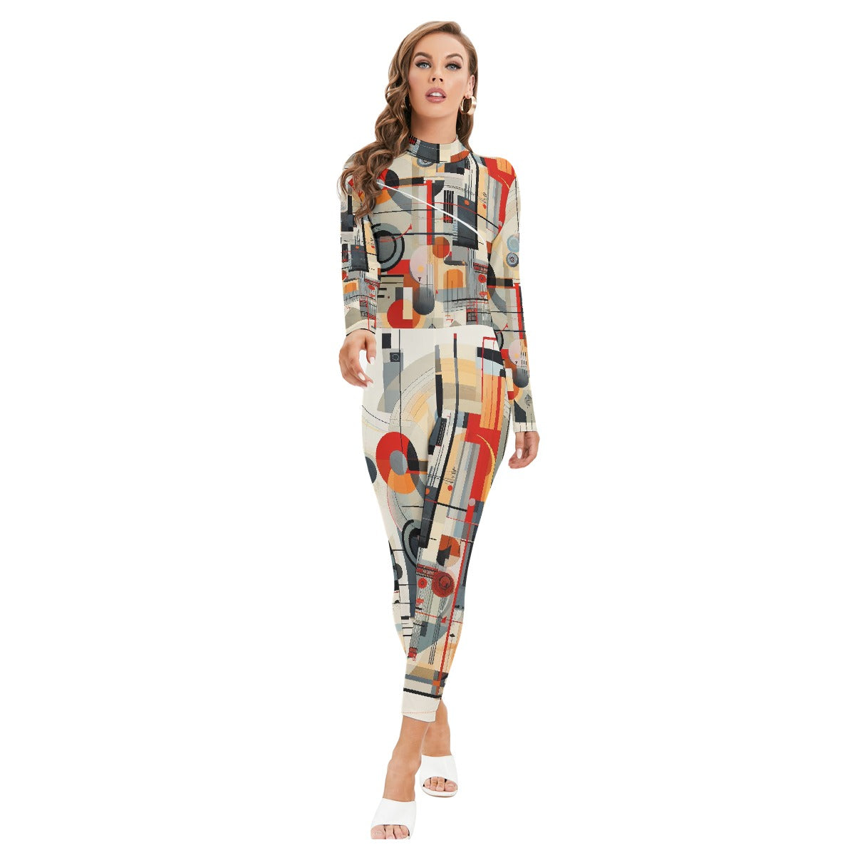 All-Over Print Women's Long-sleeved High-neck Jumpsuit With Zipper