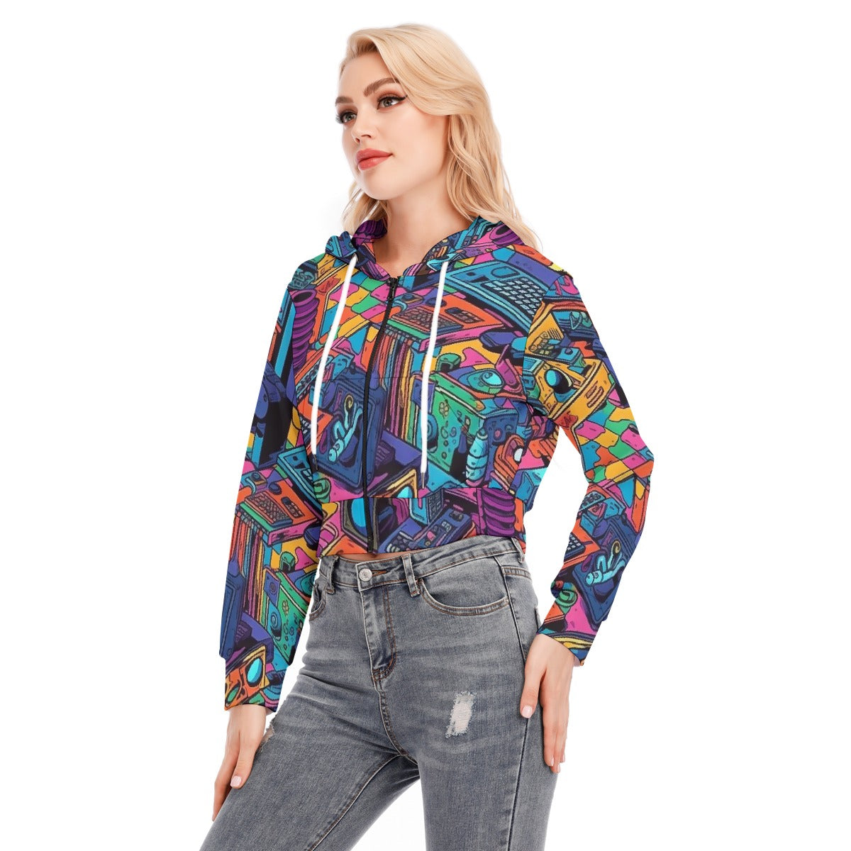 All-Over Print Women's Crop Top Hoodie With Zipper Closure