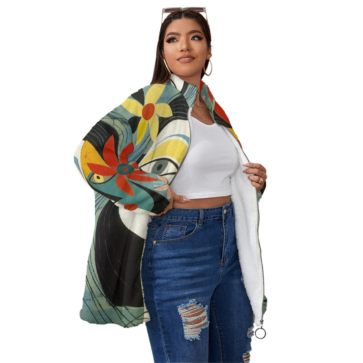 All-Over Print Unisex Borg Fleece Stand-up Collar Coat With Zipper Closure(Plus Size)