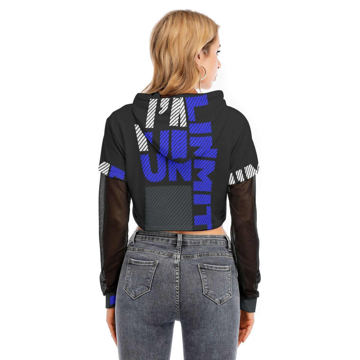 All-Over Print Women's Fake Two-piece Mesh Sleeve Cropped Hoodie
