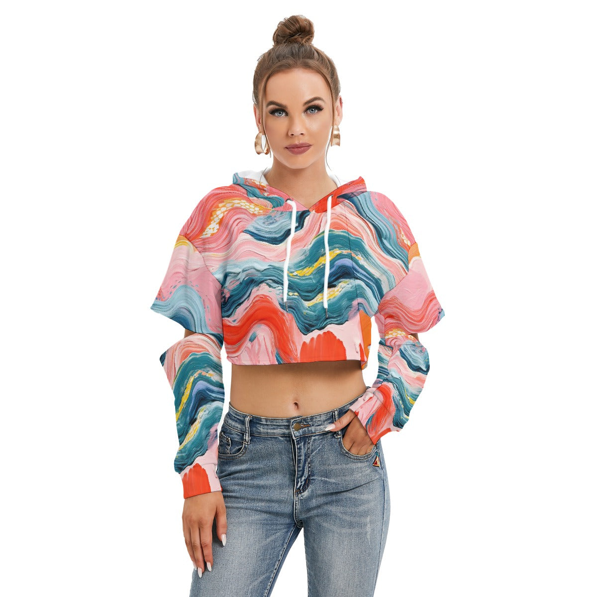 All-Over Print Women's Heavy Fleece Hoodie With Hollow Out Sleeve