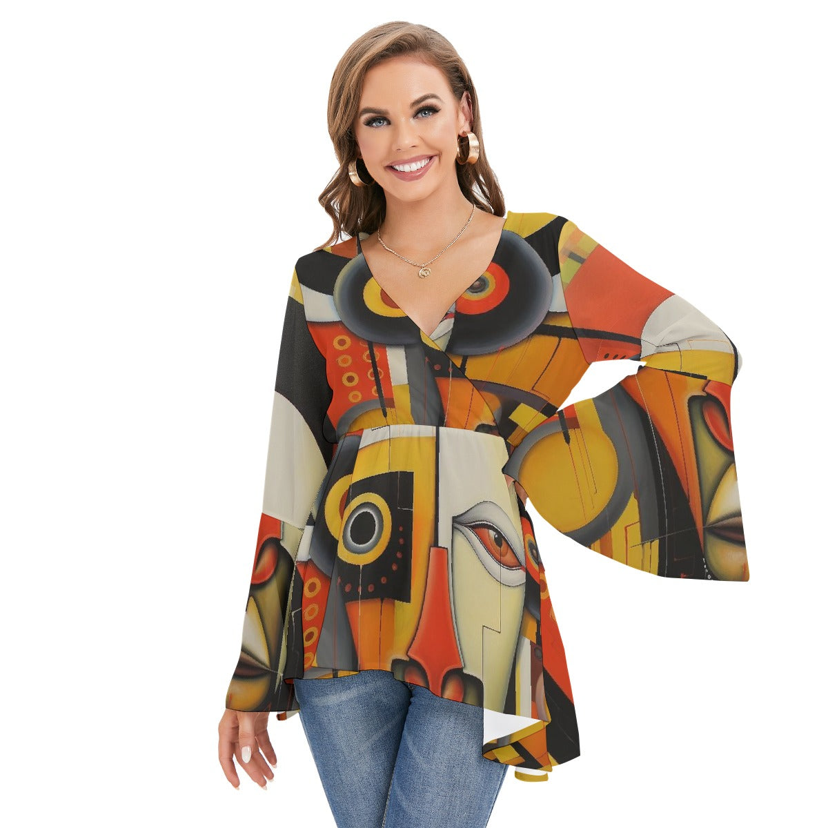 All-Over Print Women's V-neck Blouse With Flared Sleeves