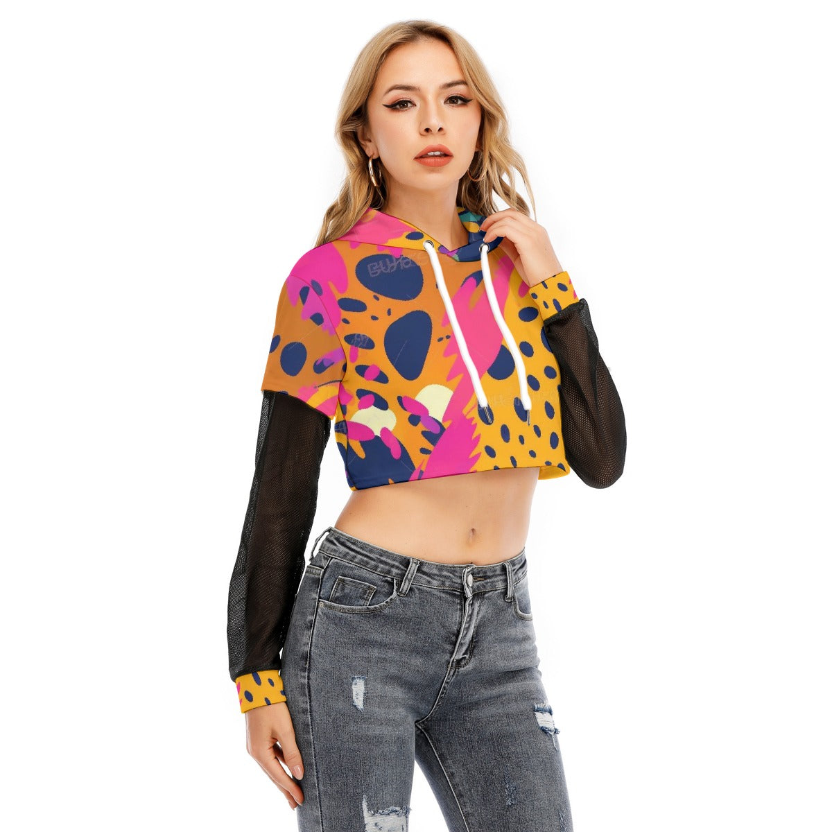 All-Over Print Women's Fake Two-piece Mesh Sleeve Cropped Hoodie