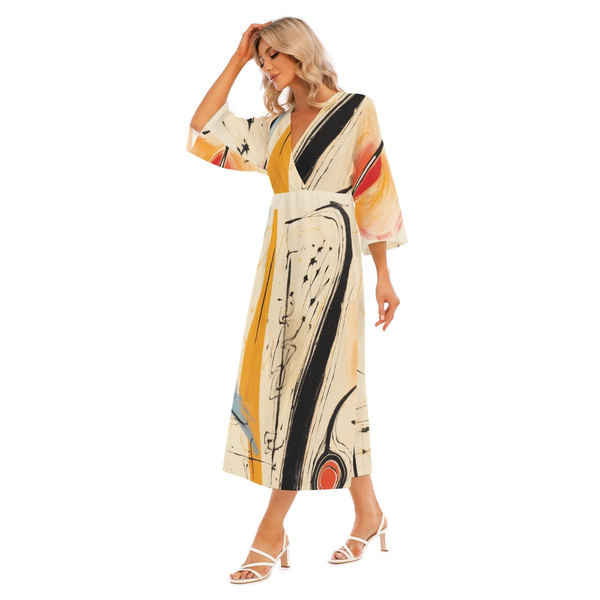 All-Over Print Women's Mid-Sleeve Long Dress