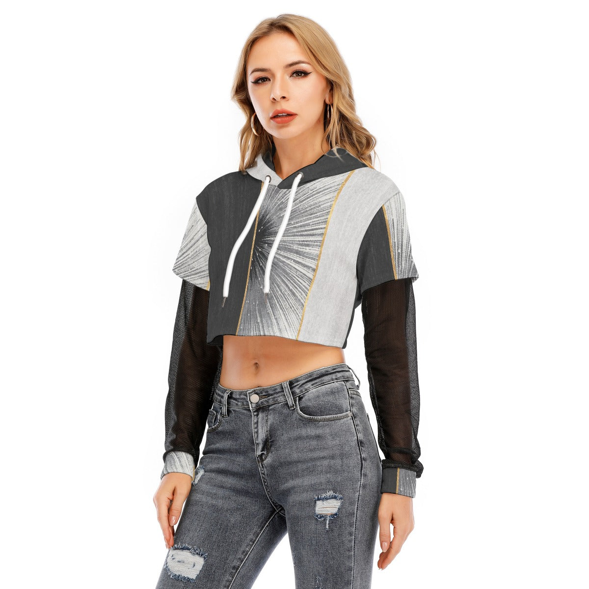 All-Over Print Women's Fake Two-piece Mesh Sleeve Cropped Hoodie