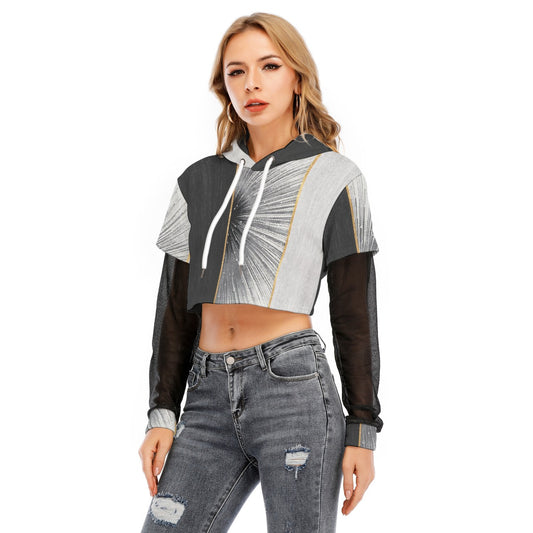 All-Over Print Women's Fake Two-piece Mesh Sleeve Cropped Hoodie