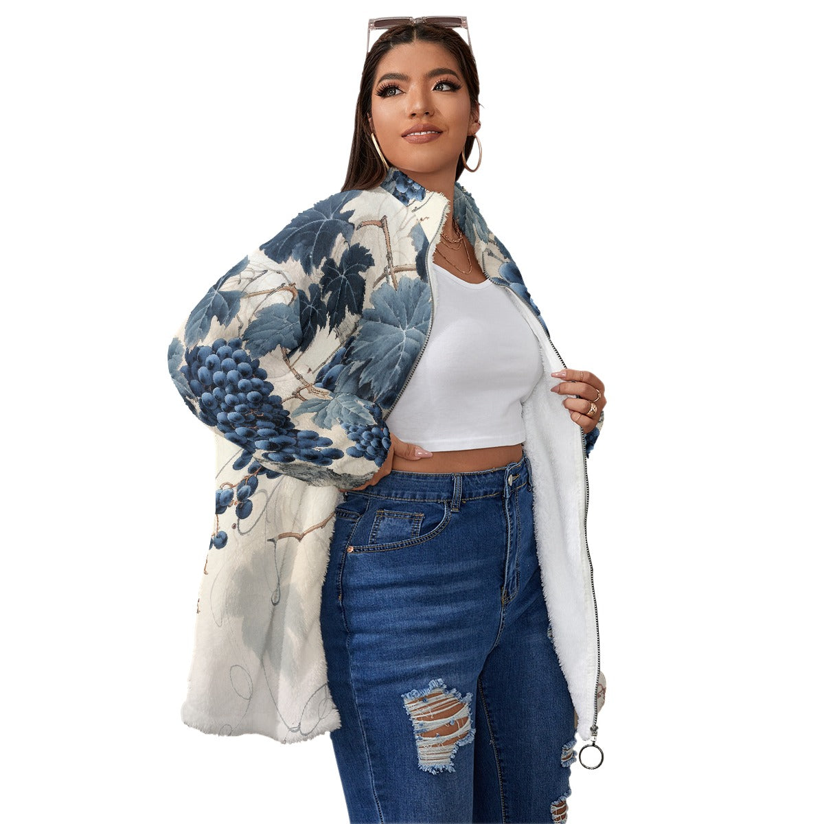 All-Over Print Unisex Borg Fleece Stand-up Collar Coat With Zipper Closure(Plus Size)