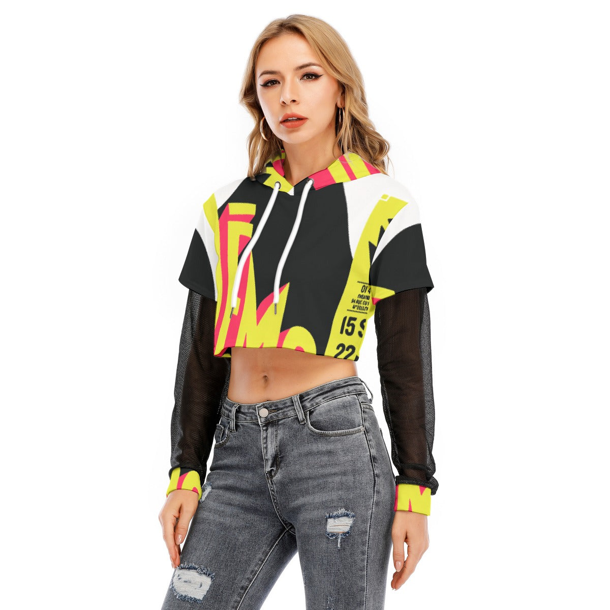 All-Over Print Women's Fake Two-piece Mesh Sleeve Cropped Hoodie
