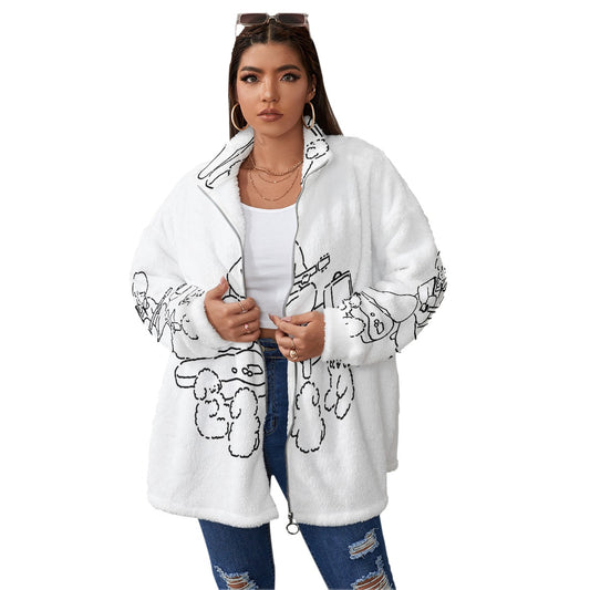 All-Over Print Unisex Borg Fleece Stand-up Collar Coat With Zipper Closure(Plus Size)