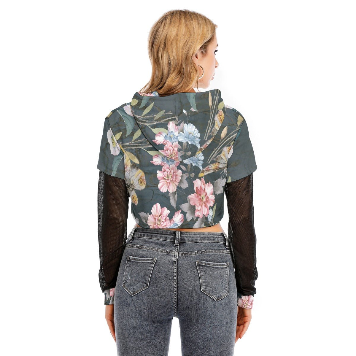 All-Over Print Women's Fake Two-piece Mesh Sleeve Cropped Hoodie