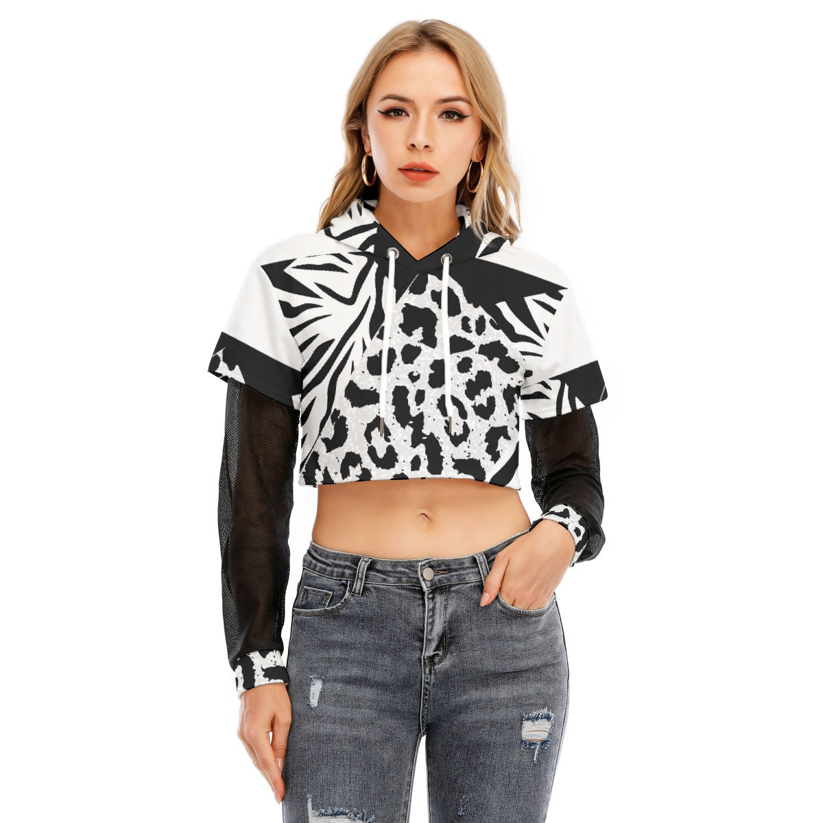 All-Over Print Women's Fake Two-piece Mesh Sleeve Cropped Hoodie