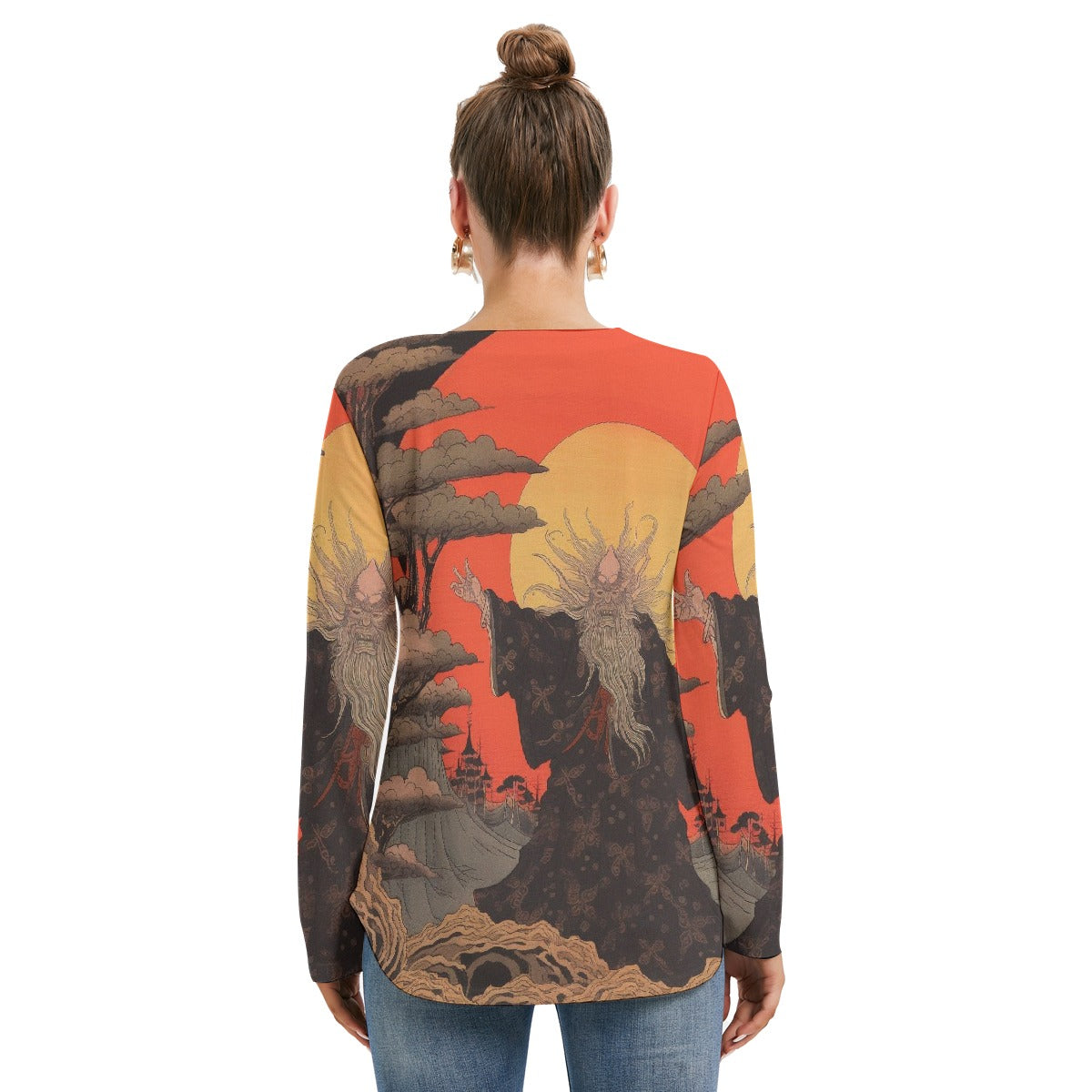 All-Over Print Women's Long Sleeve Neckline Tie Sweatshirt