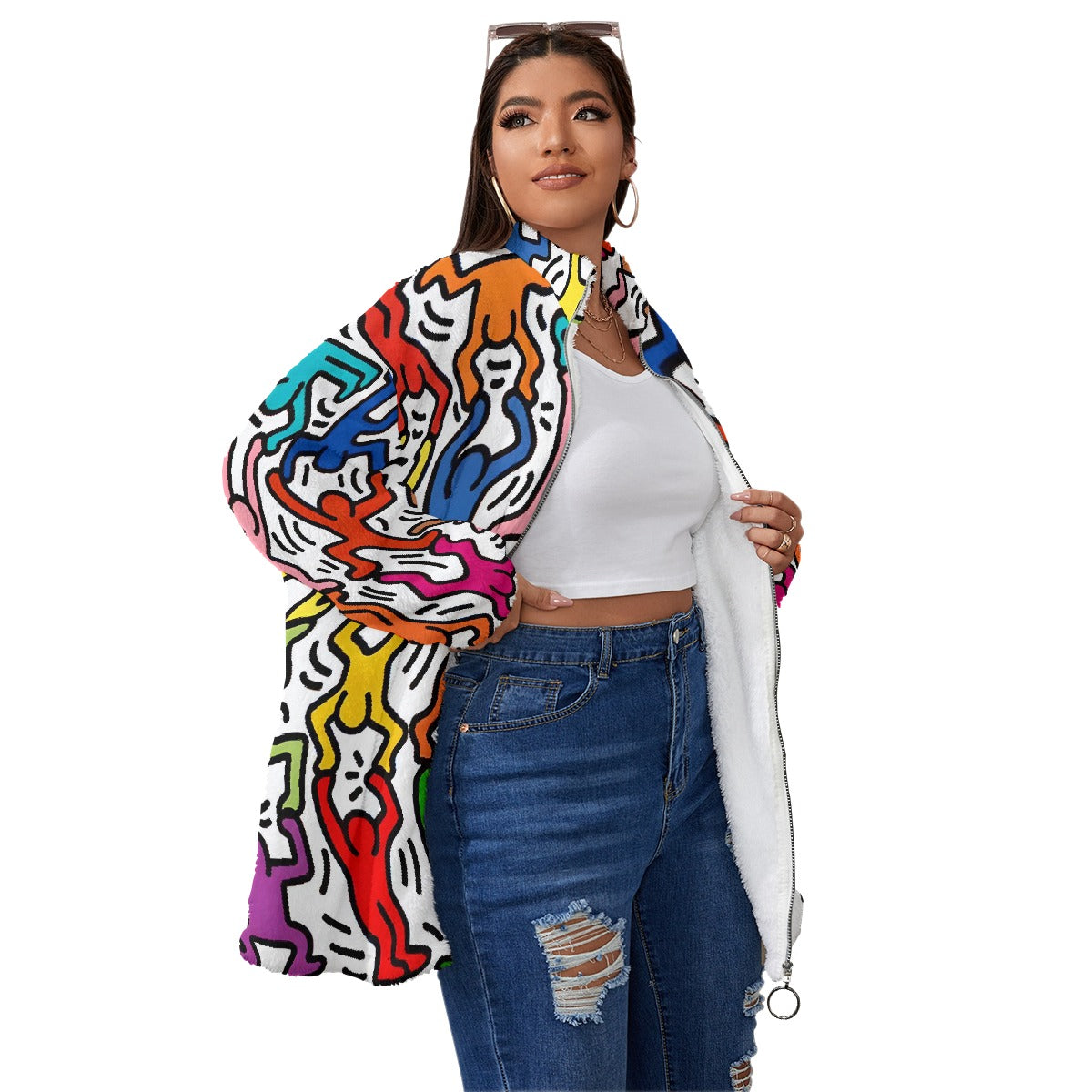 All-Over Print Unisex Borg Fleece Stand-up Collar Coat With Zipper Closure(Plus Size)