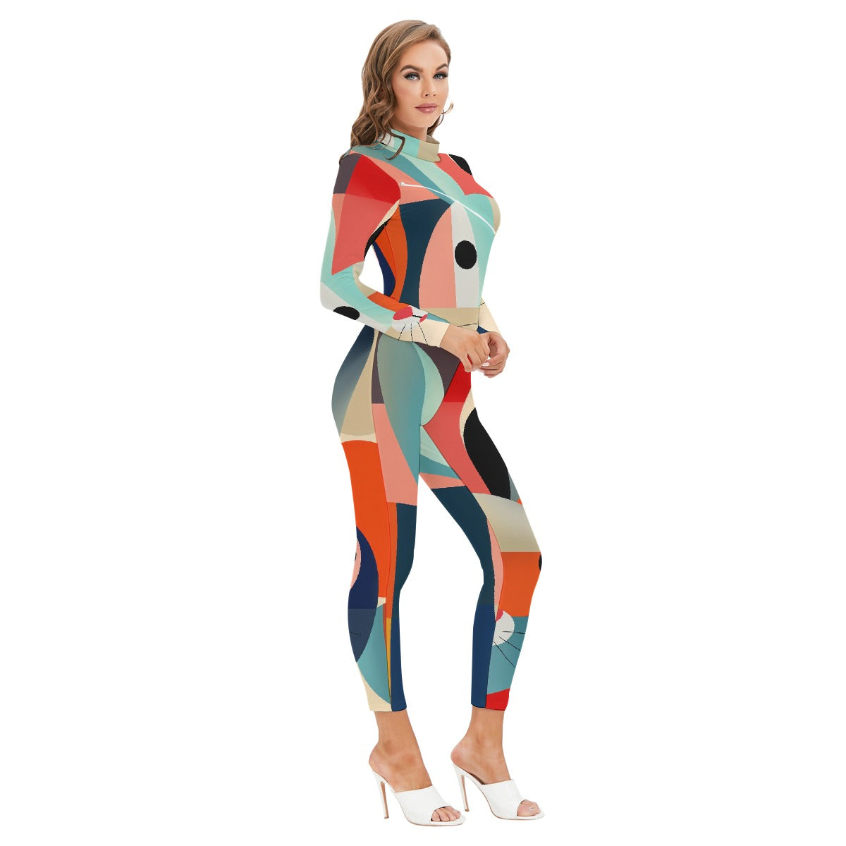 All-Over Print Women's Long-sleeved High-neck Jumpsuit With Zipper