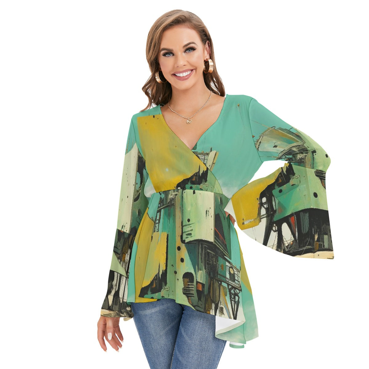 All-Over Print Women's V-neck Blouse With Flared Sleeves