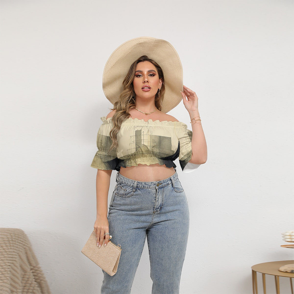 All-Over Print Women's Off-shoulder Cropped Top With Short Puff Sleeve