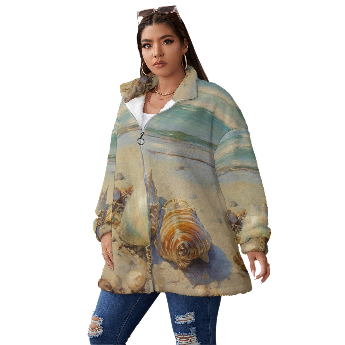 All-Over Print Unisex Borg Fleece Stand-up Collar Coat With Zipper Closure(Plus Size)